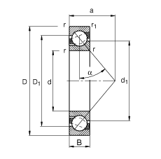 角接觸球軸承 7315-B-TVP, 根據 DIN 628-1 標準的主要尺寸，接觸角 α = 40°