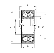 角接觸球軸承 3805-B-2RSR-TVH, 雙列，雙側唇密封，接觸角 α = 25°