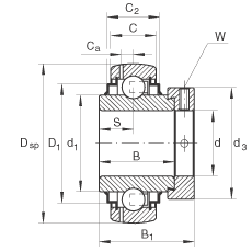 外球面球軸承 GE75-KRR-B-FA101, 球面外圈，偏心鎖圈定位， 兩側 R 型密封，使用溫度從 -40°C 到 180°C
