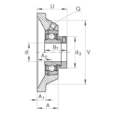 軸承座單元 PCJ45-FA125, 帶四個(gè)螺栓孔的法蘭的軸承座單元，鑄鐵，偏心鎖圈，P型密封，耐腐蝕保護